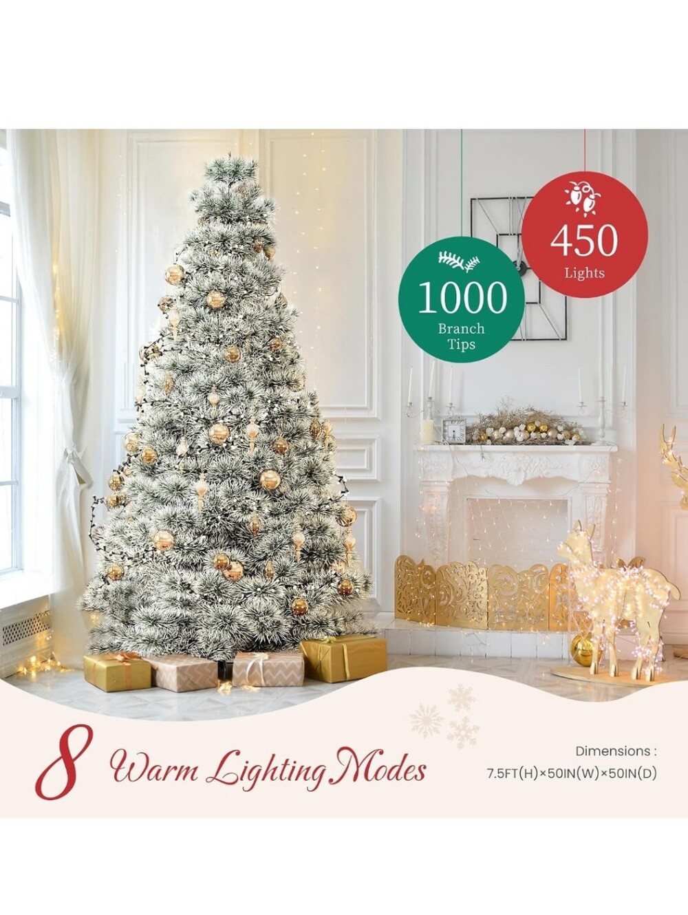 7.5 Ft Flocked White Christmas Tree with Warm Lights - Holiday Home Decor